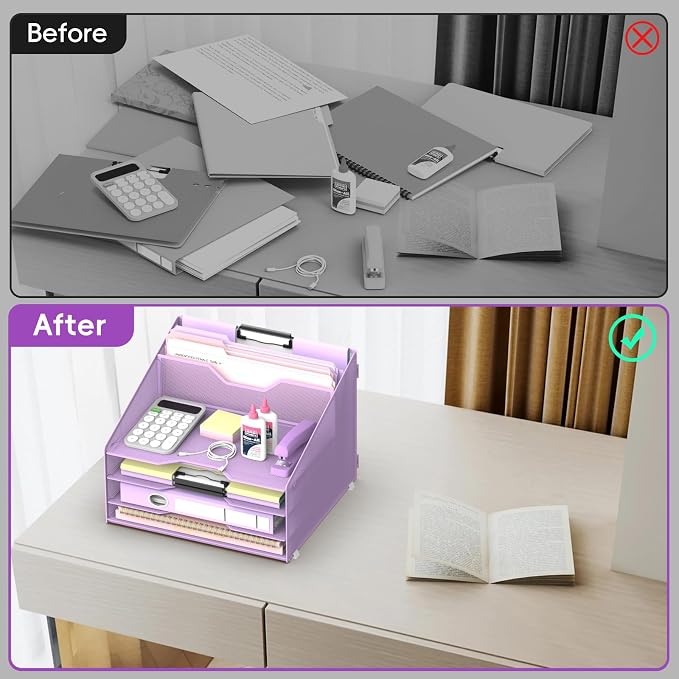 Desk File Organizer, 4 Letter Trays and 2 Upright Sections, school and - Image 3