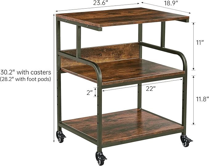 Large Printer Stand with Adjustable Storage Shelf, 3 Tier Printer Cart with Wheels for Home Office Organization, Rolling Table Stand for Heat Press Mini Fridge, Industrial Style-DeskLoop Office