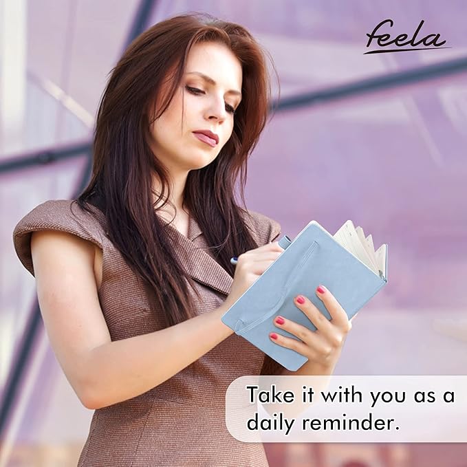 feela 5 Pack Notebooks Journals Bulk, Hardcover Notebook Classic Ruled Lined Journals with Pen Holder for Women Girls School Business Supplies, with 5 Black Pens, 120 GSM, 5.1”x8.3”, A5, Light Blue-DeskLoop Office