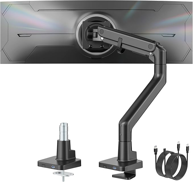 monTEK Single Monitor Arm with USB A/C, Ultrawide Monitor Stand for 17 to 57 Inch Curved Screen, Holds 59.4 lbs, Adjustable Gas Spring Arm, 75/100 VESA Mount, Clamp & Grommet Desk Mount, Black-DeskLoop Office