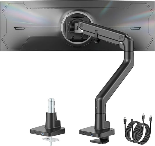 monTEK Single Monitor Arm with USB A/C, Ultrawide Monitor Stand for 17 to 57 Inch Curved Screen, Holds 59.4 lbs, Adjustable Gas Spring Arm, 75/100 VESA Mount, Clamp & Grommet Desk Mount, Black-DeskLoop Office