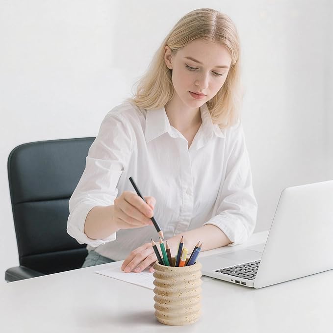 Pen Holder Stand for Desk, Natural Travertine Stone Makeup Brush Holders - Image 3