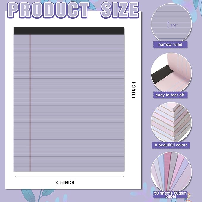 Fuutreo 8 Pcs 8.5'' x 11'' Colored Legal Pad Writing Pads Narrow Ruled 50 Sheets Per Notepad Perforated Writing Notepad Office Supplies for College Office Business (Taro Color)-DeskLoop Office