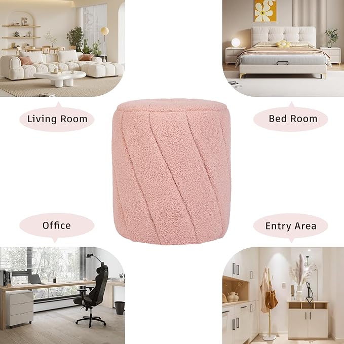 Modern Round Ottoman 2Pcs, Spiral-Tufted Foot Stool Ottoman, Teddy Fleece Upholstered Vanity Stool for Makeup, Bedroom, Living Room, Pink-DeskLoop Office