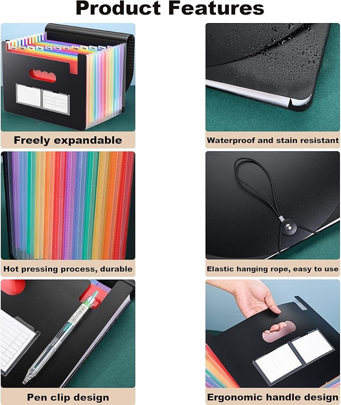 Accordion File Organizer,13 Pockets Expanding File Folder with Blank Labels,Portable Monthly Paper Bill Tax Receipt Organizer,Desktop Folders A4 Letter Paper Document Storage Organize,Black