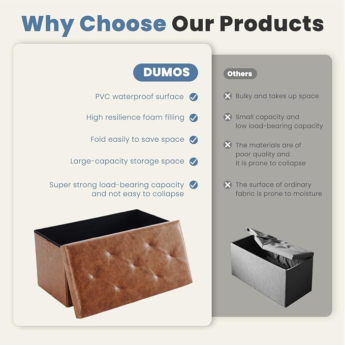 DUMOS 30 Inch Folding Storage Ottoman Bench, Large Hidden Storage Chest - Image 7