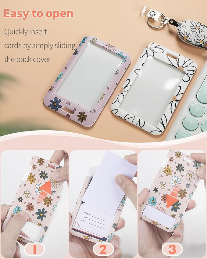 Uniclife 2 Pack Floral Sliding Badge Holder Vertical Flower Plastic Card Case - Image 6