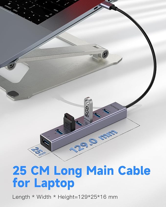 FORIDA USB C to USB Hub, 8 Ports USBC HUB with 7 USB 3.0 Data Ports, Aluminum Alloy Shell USB Splitter with USB C 5V/3A Power Port for Laptop PC and More-DeskLoop Office