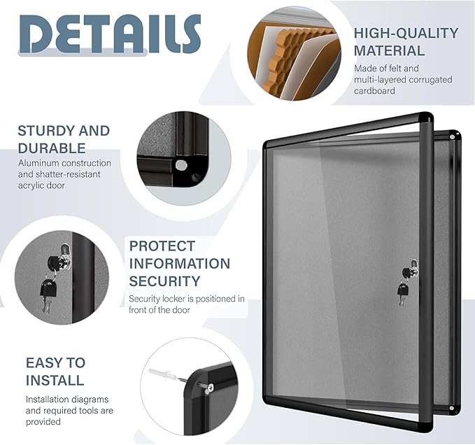 Enclosed Bulletin Board Lockable Display Case Message Board with Locking Door for Indoor, Grey Felt, Black Aluminum Frame, 26 X 20 in-DeskLoop Office