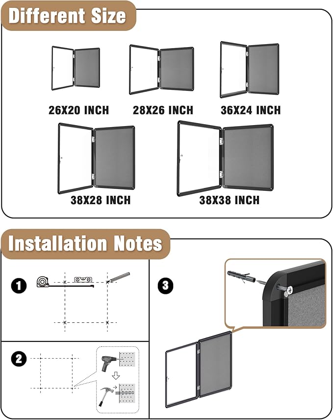 26"x20" Enclosed Bulletin Board, Lockable Weather-Resistant Aluminum Cork Noticeboard for School & Office, Black Frame w/Grey Flet-DeskLoop Office