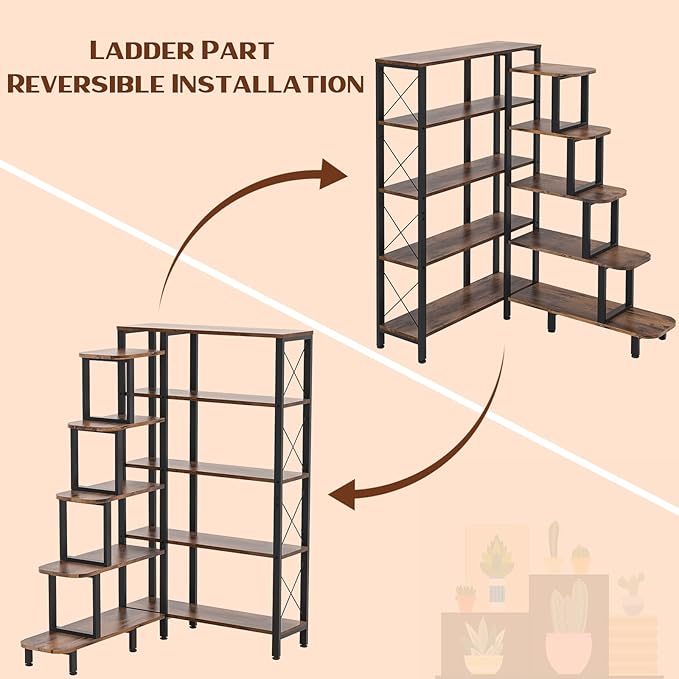 Large Corner Bookshelf Bookcase, Industrial Reversible 5 Tier Ladder Shelves Storage Display Rack with Metal Frame, Modern Home Office Furniture for Living Room Bedroom-DeskLoop Office