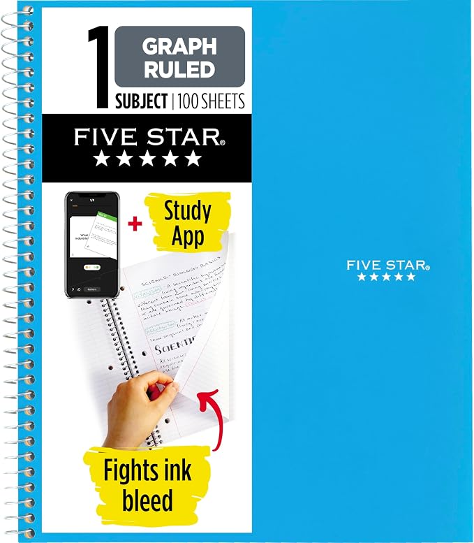 Five Star Spiral Notebook + Study App, 1 Subject, Graph Ruled Paper, 8-1/2" x by FiveStar