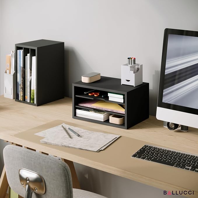 Ballucci File Organizer, 3-Tier Document Paper Sorter, Stackable Wood Desk - Image 2