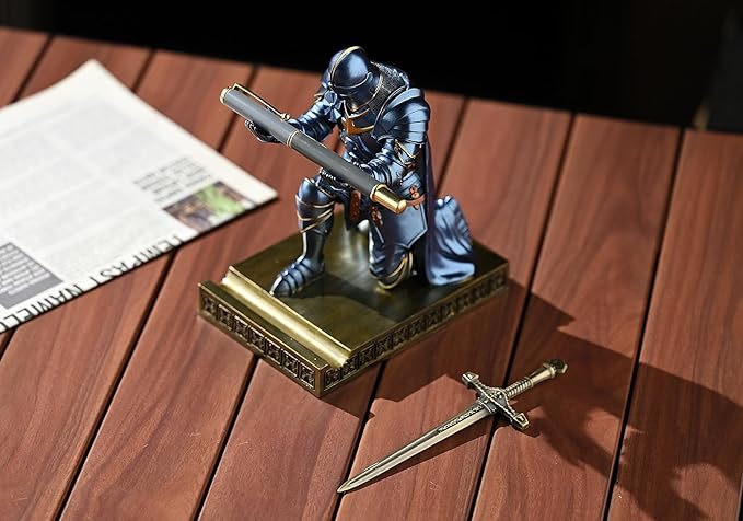 Medieval Armored Warrior Wearing Outerwear, Mobile Phone Stand Knight Pen Holder Desk Organizers, Resin Bookends Paperweight with a Letter Opener for Desk (Blue)-DeskLoop Office