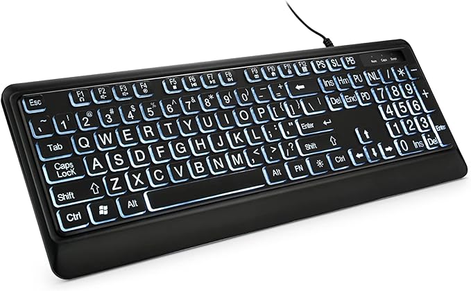 Large Print Backlit Keyboard, USB Wired Computer Keyboard, Full Size Keyboard with White Illuminated LED Compatible for Windows Desktop, Laptop, PC, Gaming, Black-DeskLoop Office
