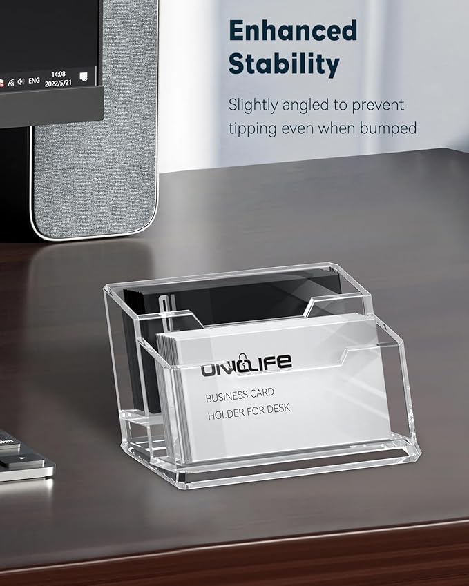Uniclife Acrylic Business Card Holder for Desk 2 Slots Clear Business Card Display Stand for Men & Women Desktop Business Card Organizer Card Stand for Office Home Exhibition, 120 Card Capacity-DeskLoop Office
