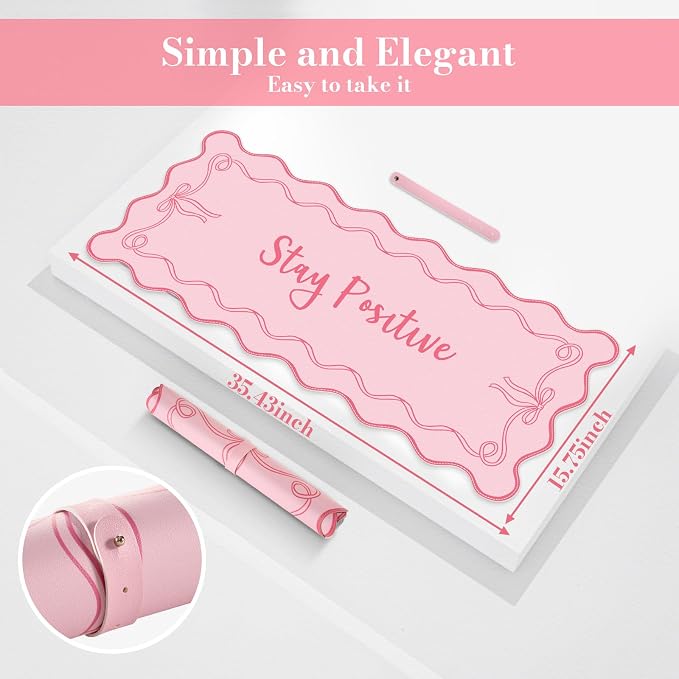 iCasso Pink Mouse Pad, Scalloped Desk Cover Mat, Leather Waterproof Desk Pad Mat - Image 2