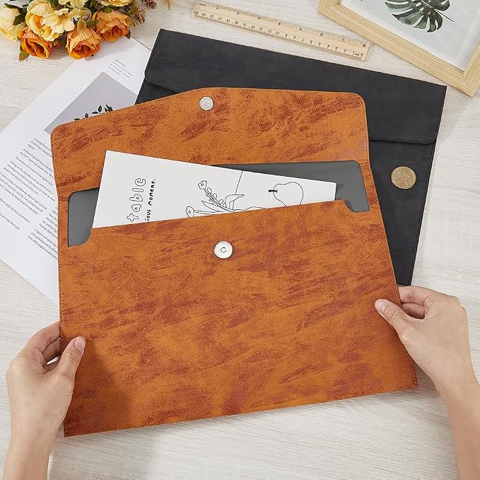 Waterproof A4 PU Leather Envelope File Holder Brown Thin Document Folder - Image 3