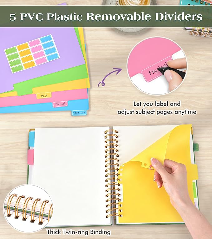 5 Subject Blank Notebook with Removable Dividers Tabs, 300 Pages Hardcover - Image 3