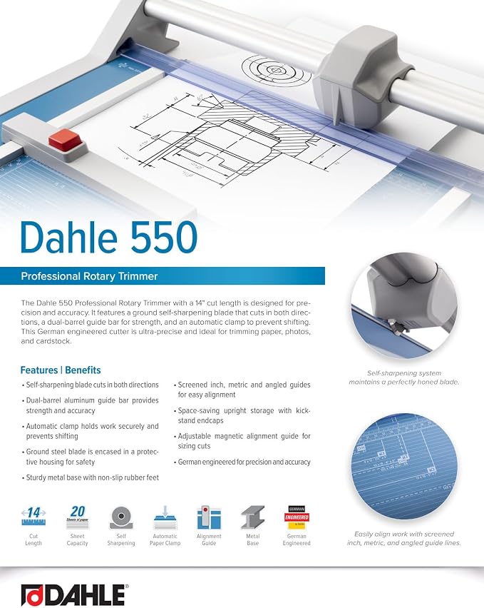 Dahle 550 Professional Rotary Trimmer, 20 Sheet Capacity, Self-Sharpening - Image 6