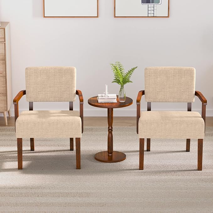 Accent Chair Set of 2 with Table, Living Room Chairs with Soft Seat and Armrests for Living Room Bedroom Reading Room Waiting Room (Beige) (AC01)-DeskLoop Office