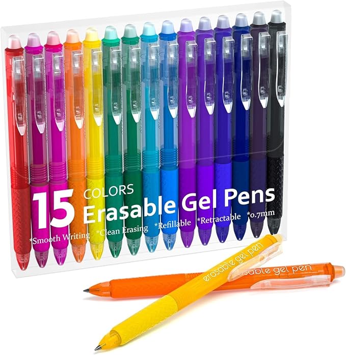 Lineon Erasable Gel Pens, 15 Colors Retractable Fine Point Erasable Pens Clicker by ShuttleArt