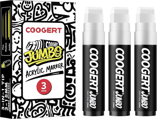 Coogert 3Pcs White Jumbo Poster Markers, 15MM Thick Permanent Acrylic Graffiti by CoogertPaintPens