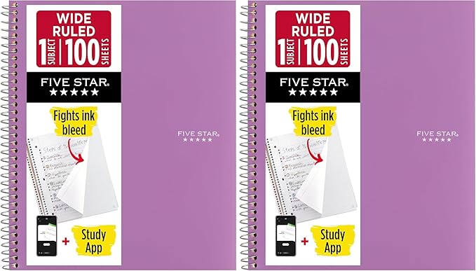 Five Star Spiral Notebook + Study App, 1 Subject, Wide Ruled Paper, 100 Sheets by FiveStar