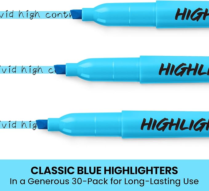 Taja 30 Pack Highlighters Blue, Chisel Tip Markers - Image 2