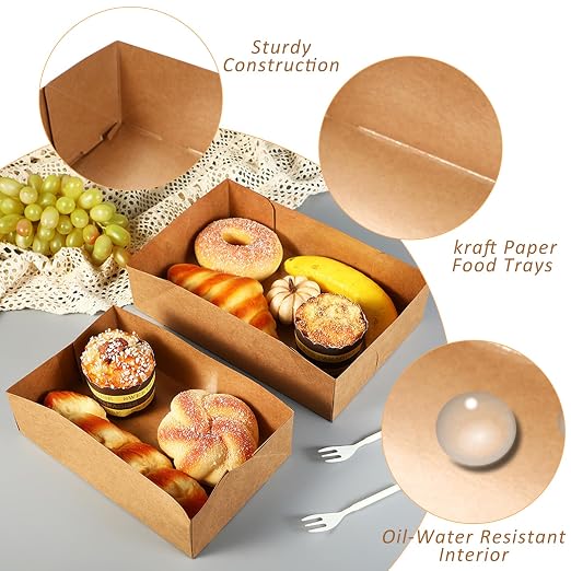 Nexboraque 100 Pack Disposable Paper Trays, Rectangular Kraft Food Containers - Image 4