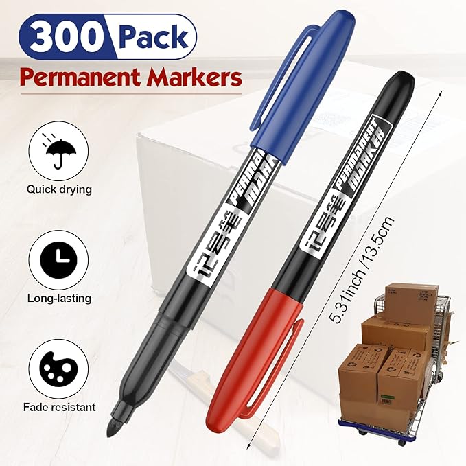 Thenshop 300 Pack Permanent Markers Bulk First Day of School Back to School Supplies Fine Point Waterproof Marker Works on Plastic, Wood, Stone, Metal, Glass for Office Classroom(Black, Red, Blue)-DeskLoop Office