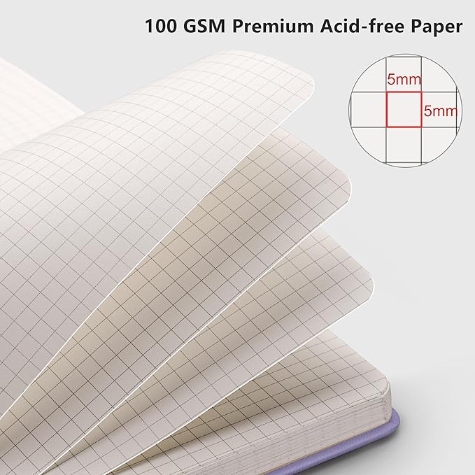 RETTACY Graph Grid Paper Notebook, 192 Pages, A5 Medium Size (5.7'' x 8.3''), 5 Squares per Inch, Leather Hardcover, 100 GSM Thick Paper, for School, Students, Math, Engineering (Purple)-DeskLoop Office