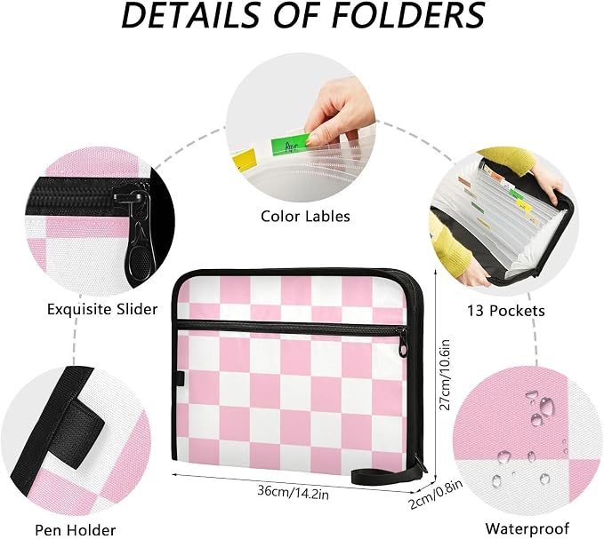 Pink Checkerboard Expanding File Folder Accordion File Organizer 13 Pockets - Image 4