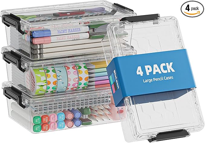 BiuLeon 4 Pack Extra Large Pencil Box, Plastic Pencil Case Organizer, Stackable by Unknown