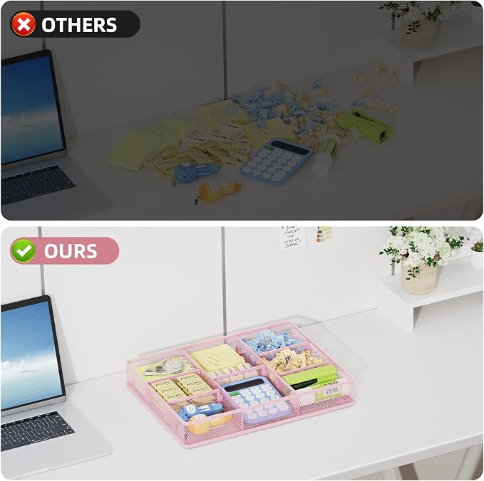 Marbrasse 2P Pink Desk Drawer Organizer, Metal Mesh Drawer Organizer Tray - Image 6