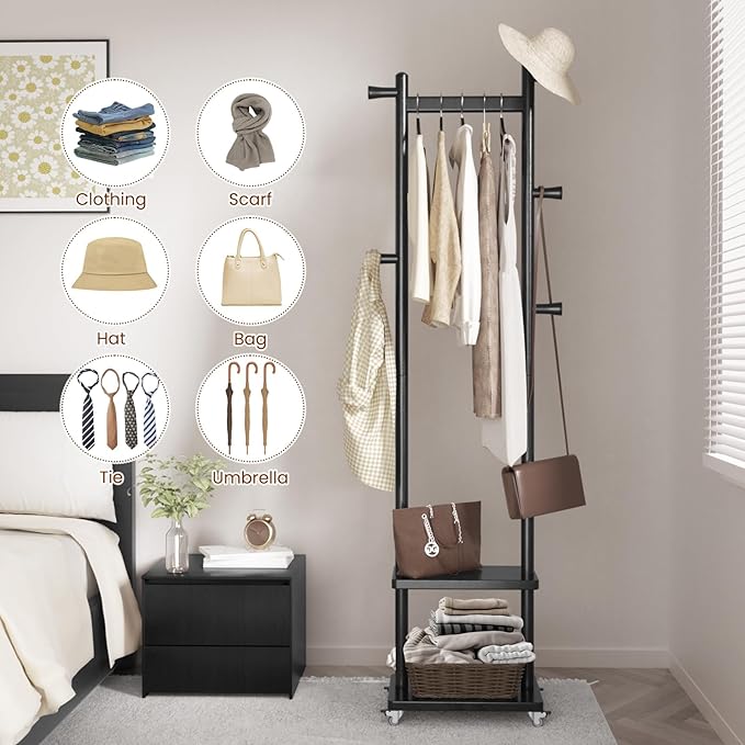 Coat Rack Freestanding Clothing Rack with Wheels & 2 Shelves Storage & 5 Hooks Heavy Duty Clothes Rack Wood Coat Tree Stand Hat Hanger Rack for Corner Bedroom Entryway Living Room Hotel-DeskLoop Office