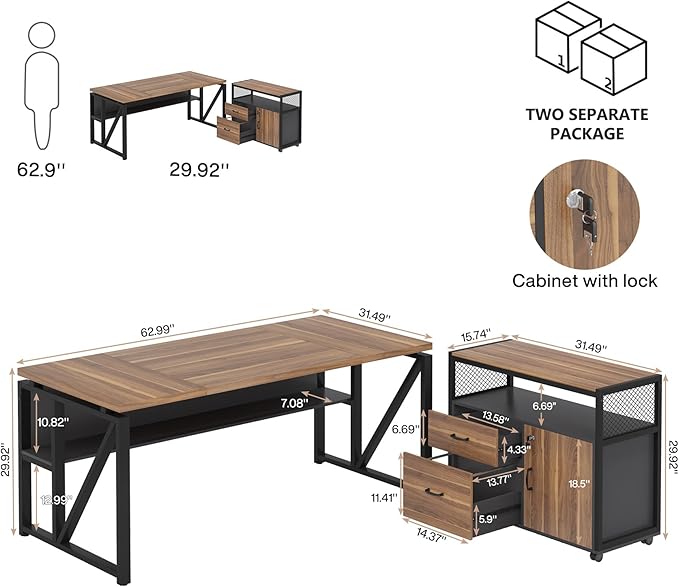 Tribesigns 63" Executive Desk with Reversible File Cabinet, Large L-Shaped Office Desk with Drawers, Business Furniture Workstation for Home Office-DeskLoop Office