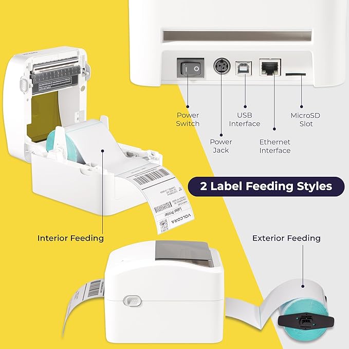 Volcora Thermal Label Printer with Ethernet/USB - Desktop 4x6 Shipping Label Printer, Compatible with Windows, Linux, Mac - Ideal for Small Business, Inkless Printer for Shipping Packages (White)-DeskLoop Office