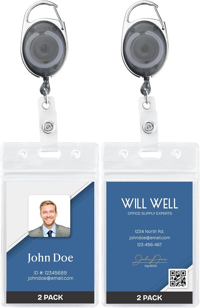 2 Pack ID Badge Holder with Clip – Transparent Grey Badge Reels with ID Sleeves by WillWell