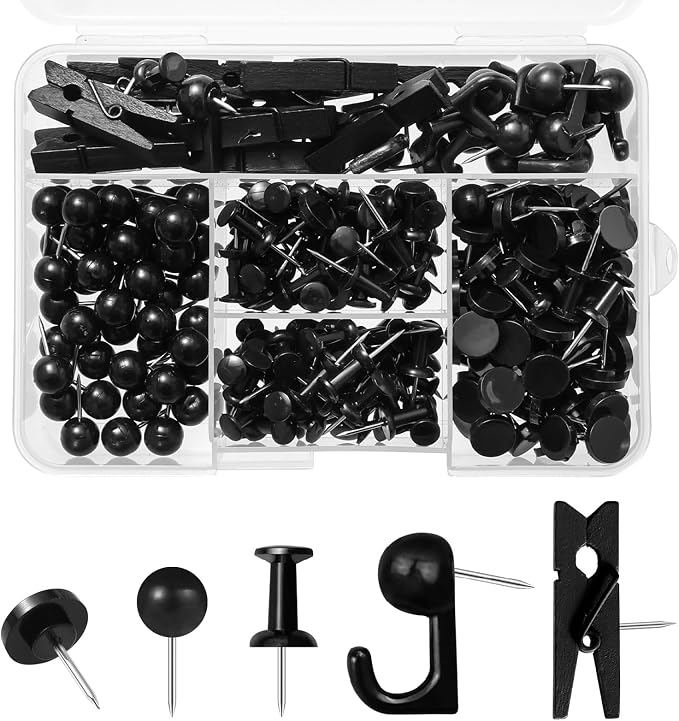 250 Count Push Pins Set Black Thumb Tacks by BornforArt