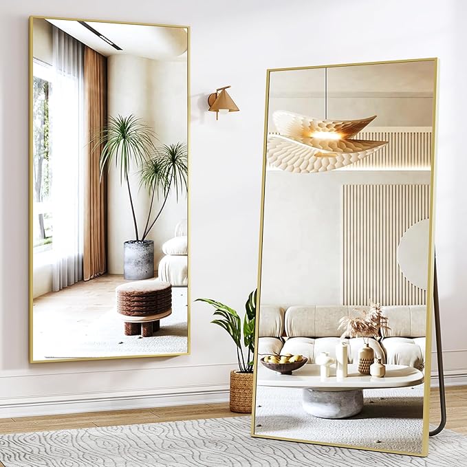 26"x71" Full Length Mirror, Adjustable Standing/Wall Mounted Floor Mirror for Bedroom, Living Room, Entryway, Large Gold Leaning Mirror with Shatterproof Glass-DeskLoop Office