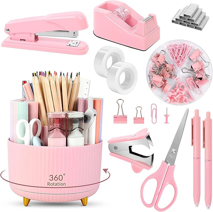 SKYDUE Pink Desk Accessories 10Pcs, Rotating Pen Holder by SKYDUE