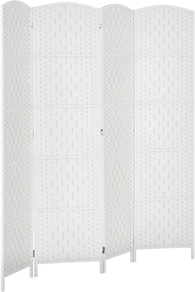 HOMCOM Room Divider, 4 Panel Folding Privacy Screen, 6FT Tall Portable Wicker Weave Partition Wall Divider for Bedroom, Home Office, White-DeskLoop Office
