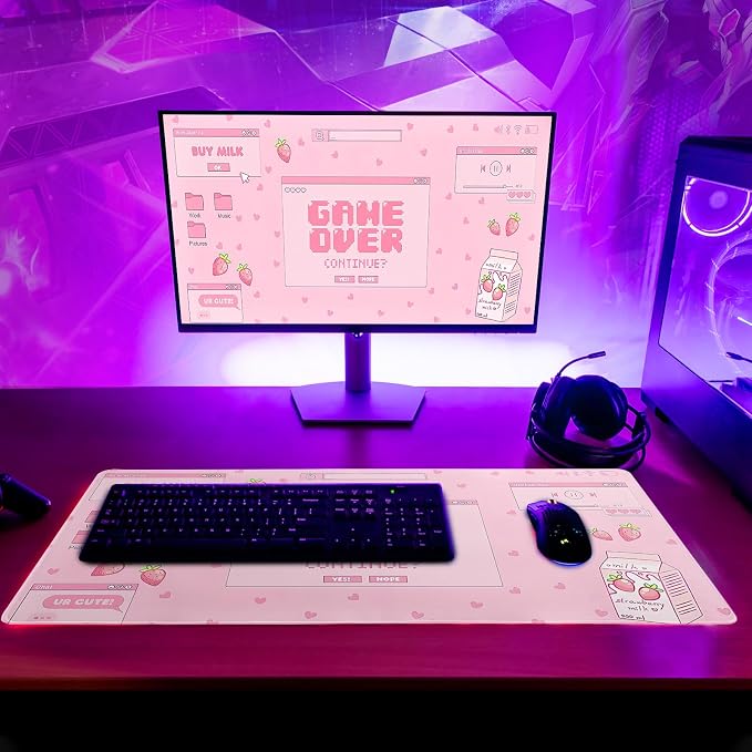 Pink Gaming Mouse Pad 27.6x11.8 Inch Pastel Game Over Large Mousepad Kawaii - Image 6