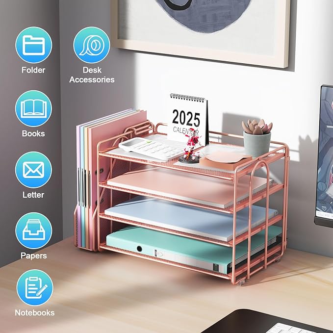 gianotter 4-Tier Paper Organizer With Magazine Holder, Desk Organizers and Accessories, Cute Desk Accessories for Women, File Organizer for Office Supplies Storag(Rose Gold)