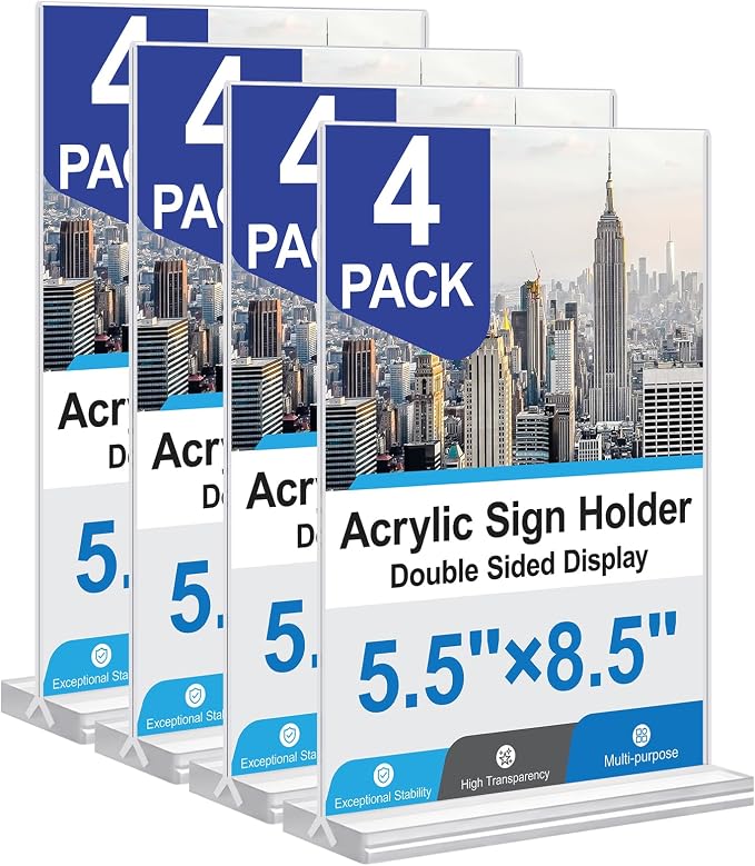 Acrylic Sign Holder 5.5x8.5 Inches 4 Pack, Double Sided Clear Display Stand by Unknown