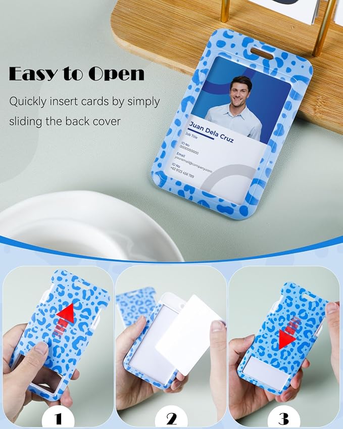 Uniclife Fashionable Sliding Badge Holder Blue Leopard Print Plastic Card Holder - Image 2