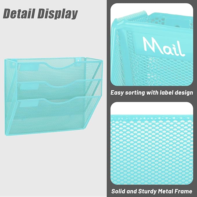 EASEPRES 3 Pocket Mesh Hanging Wall File Organizer, Wall Mounted Mail Paper Document Folder Holder, Clipboard Storage Organization Magazine Rack with Nametag Label for Office Home School, Blue-DeskLoop Office