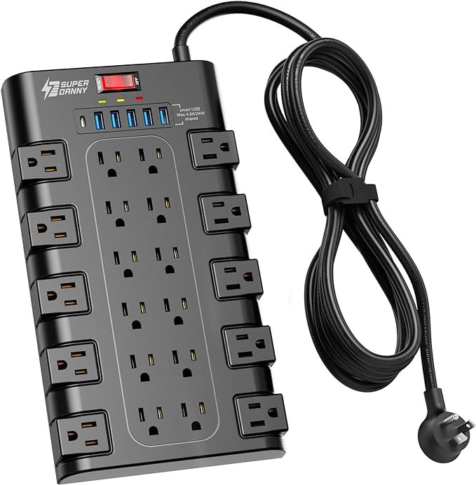 Extension Cord 10 Ft, SUPERDANNY Power Strip Surge Protector with 6 USB Charging Ports and 22 AC Outlets, 1875W/15A, 2100 Joules, Flat Plug Power Outlet for Home, Office, Dorm, Gaming Room, Black-DeskLoop Office