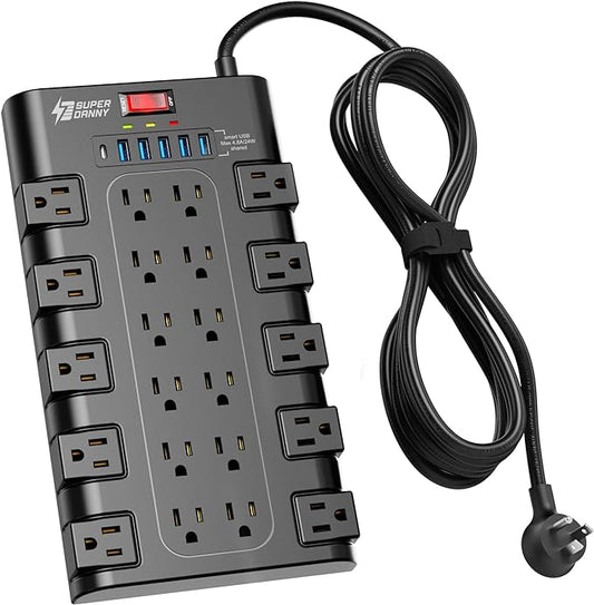 Extension Cord 10 Ft, SUPERDANNY Power Strip Surge Protector with 6 USB Charging Ports and 22 AC Outlets, 1875W/15A, 2100 Joules, Flat Plug Power Outlet for Home, Office, Dorm, Gaming Room, Black-DeskLoop Office